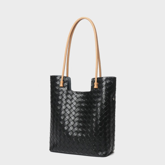 Black leather woven tote bag, women large vertical shoulder handbag with contrasting tan long top handles