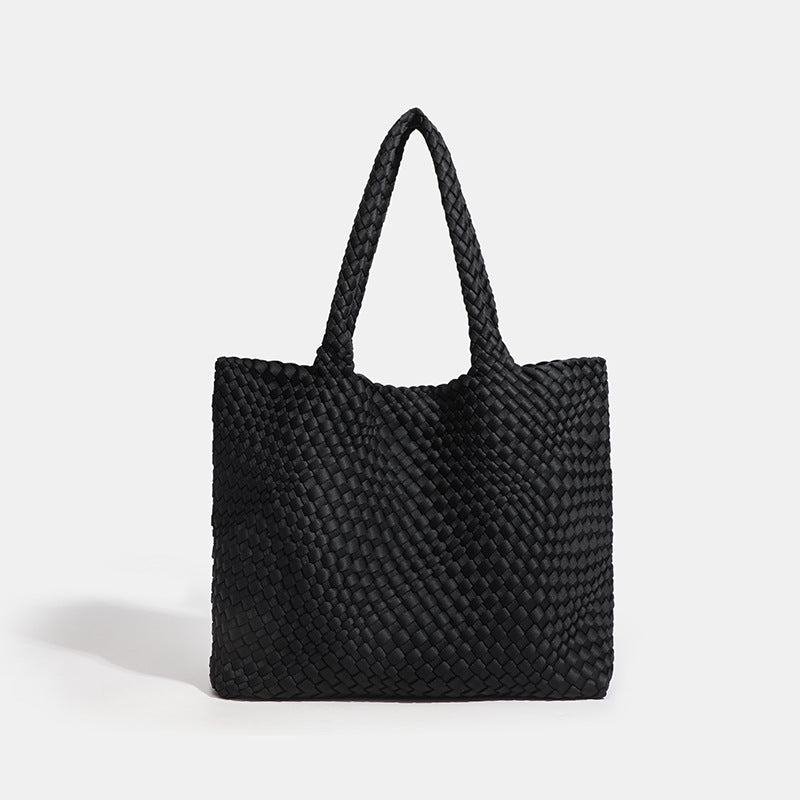 black soft woven neoprene tote shoulder bag everyday women handbag