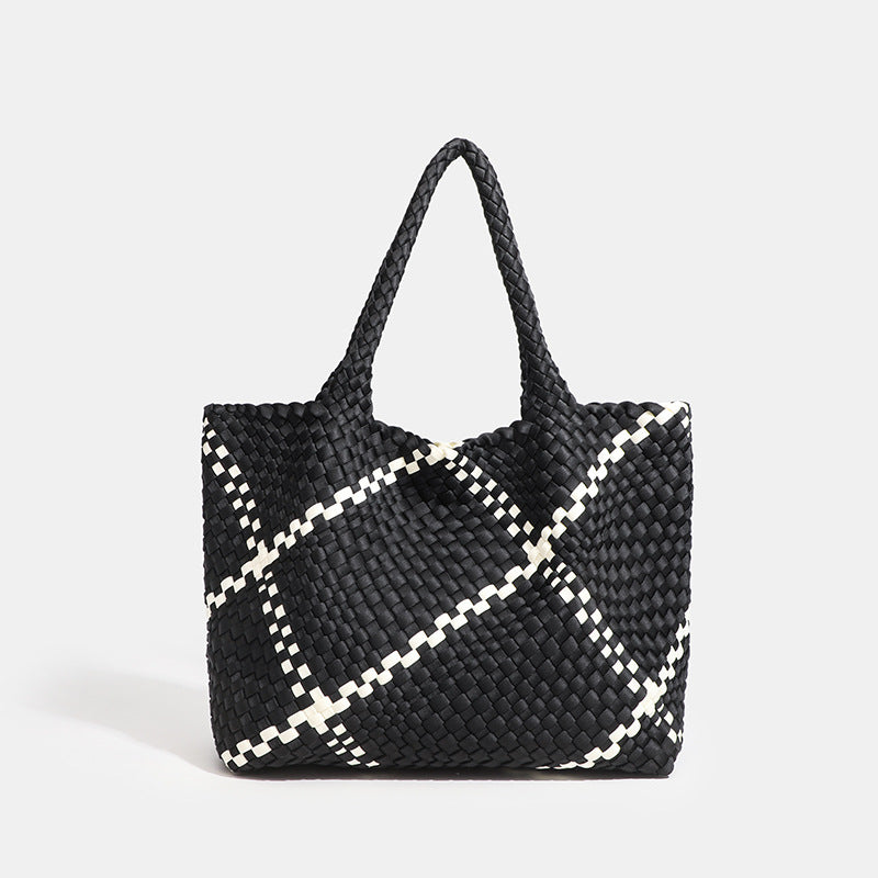 Black woven neoprene tote bag with white rhombus stitch pattern women casual handbag