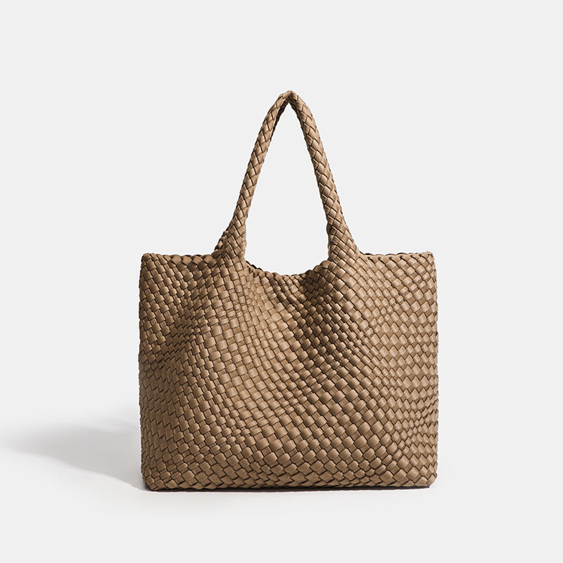 Large brown soft woven neoprene tote bag, casual everyday shoulder handbag for women shopping