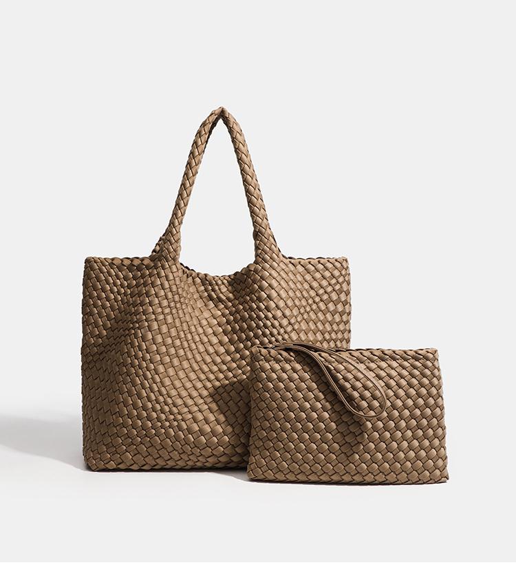 Brown woven neoprene tote bag set with matching small pouch, women daily shoulder handbag