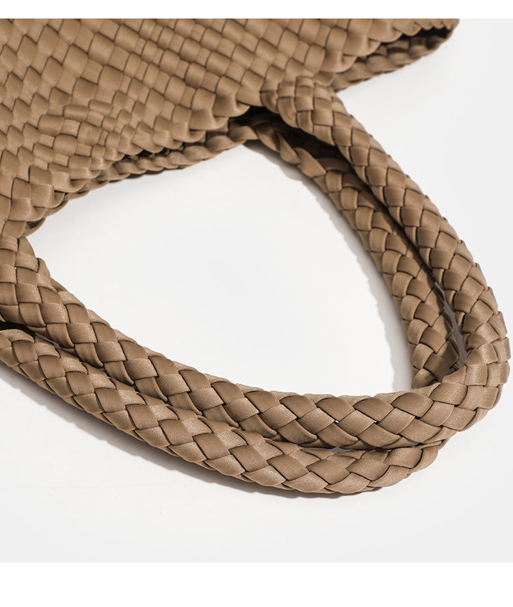 Close‑up view of thick braided soft handle for woven neoprene tote bag