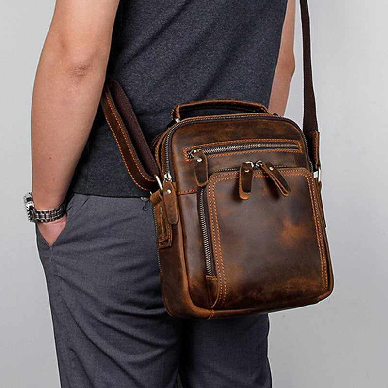 Men Genuine Crazy Horse Leather Shoulder Bag Vintage Cowhide Crossbody