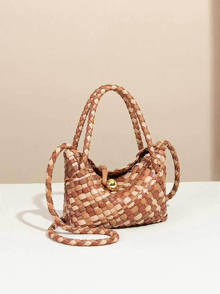 Two-Tone PU Leather Woven Handbag | Convertible Crossbody Bag for Women with a Cutch