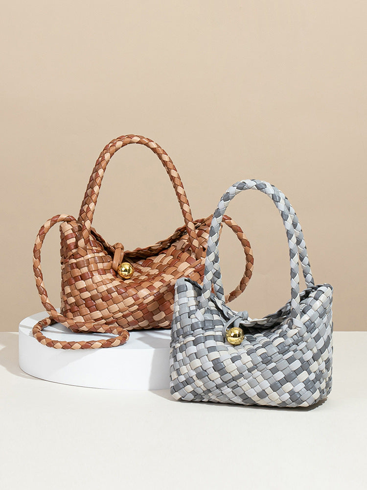 Two-Tone PU Leather Woven Handbag | Convertible Crossbody Bag for Women with a Cutch
