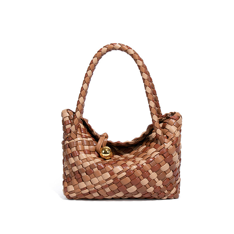 Two-Tone PU Leather Woven Handbag | Convertible Crossbody Bag for Women with a Cutch