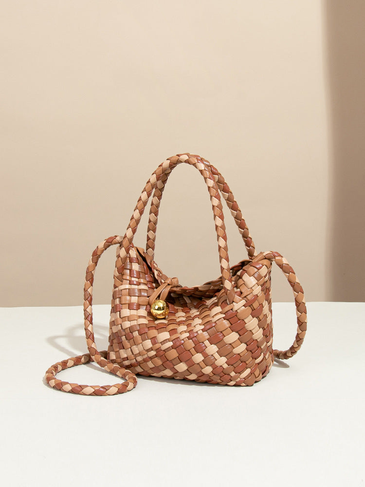 Two-Tone PU Leather Woven Handbag | Convertible Crossbody Bag for Women with a Cutch