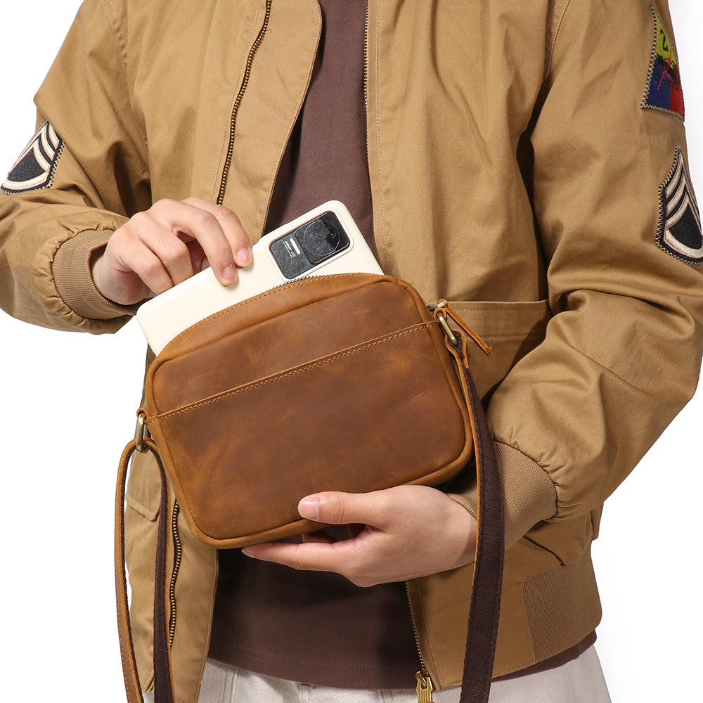 Men Retro Crazy Horse Leather Crossbody Bag Genuine Leather Compact Shoulder Camera Purse