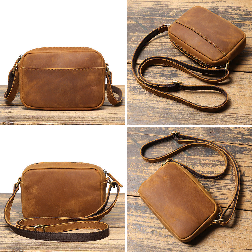 Men Retro Crazy Horse Leather Crossbody Bag Genuine Leather Compact Shoulder Camera Purse