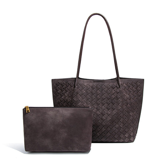 Woven PU Leather Faux Suede Tote Bag & Clutch Set for Women – Large Everyday Office Shoulder Bag