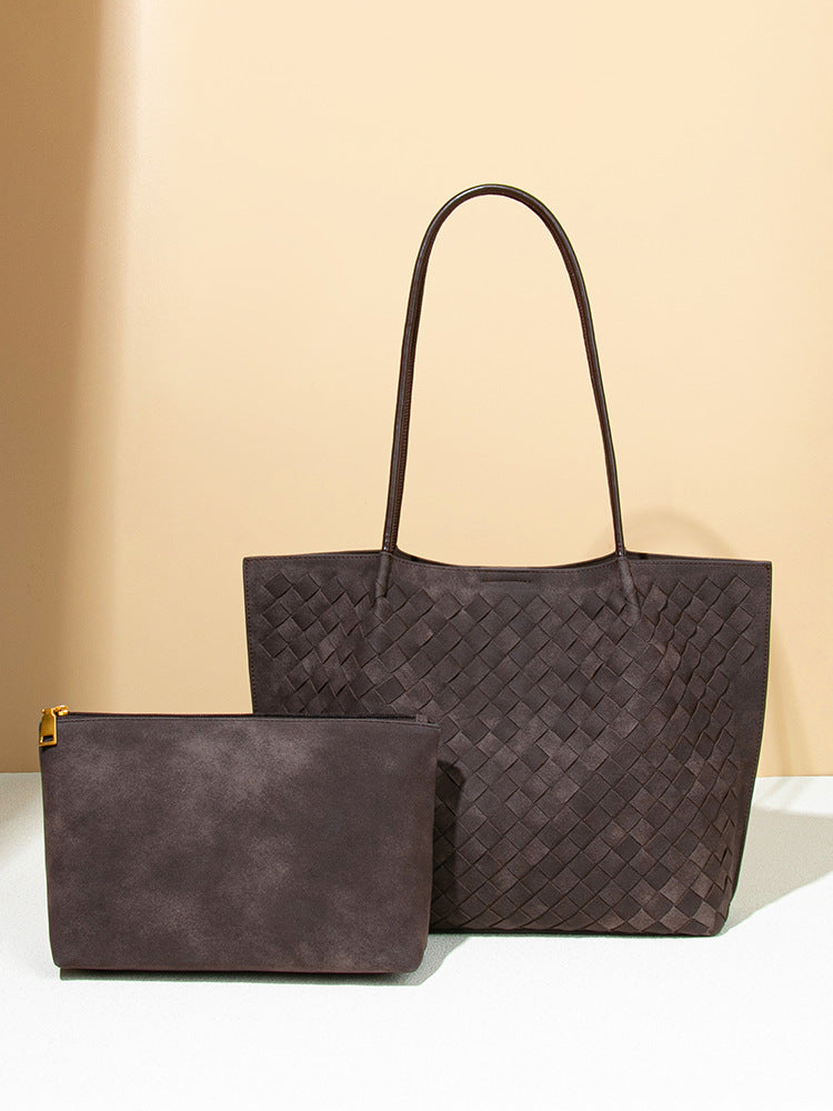 Woven PU Leather Faux Suede Tote Bag & Clutch Set for Women – Large Everyday Office Shoulder Bag