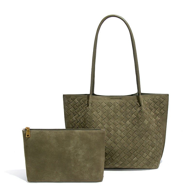 Woven PU Leather Faux Suede Tote Bag & Clutch Set for Women – Large Everyday Office Shoulder Bag