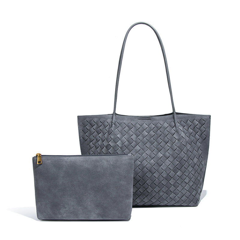 Woven PU Leather Faux Suede Tote Bag & Clutch Set for Women – Large Everyday Office Shoulder Bag