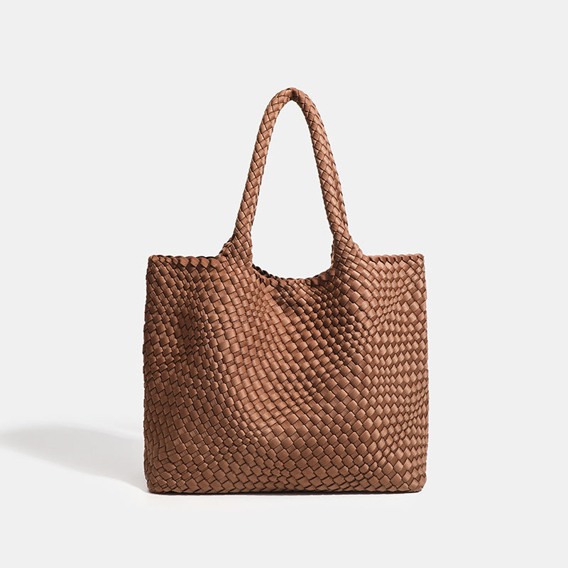 Medium size brown soft woven neoprene shoulder tote bag for casual daily use