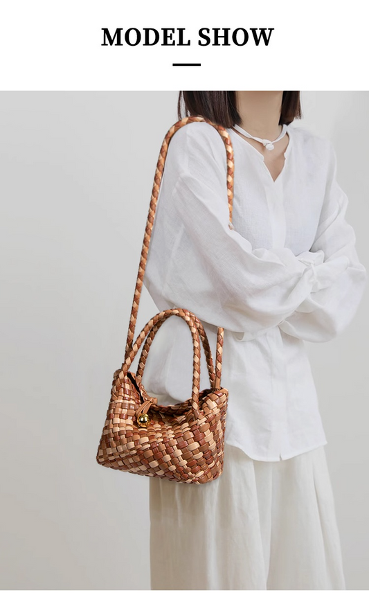 Two-Tone PU Leather Woven Handbag | Convertible Crossbody Bag for Women with a Cutch