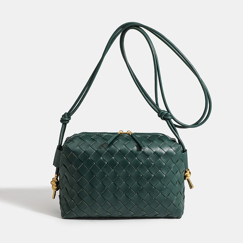 Dark forest green woven PU leather compact everyday women crossbody shoulder handbag