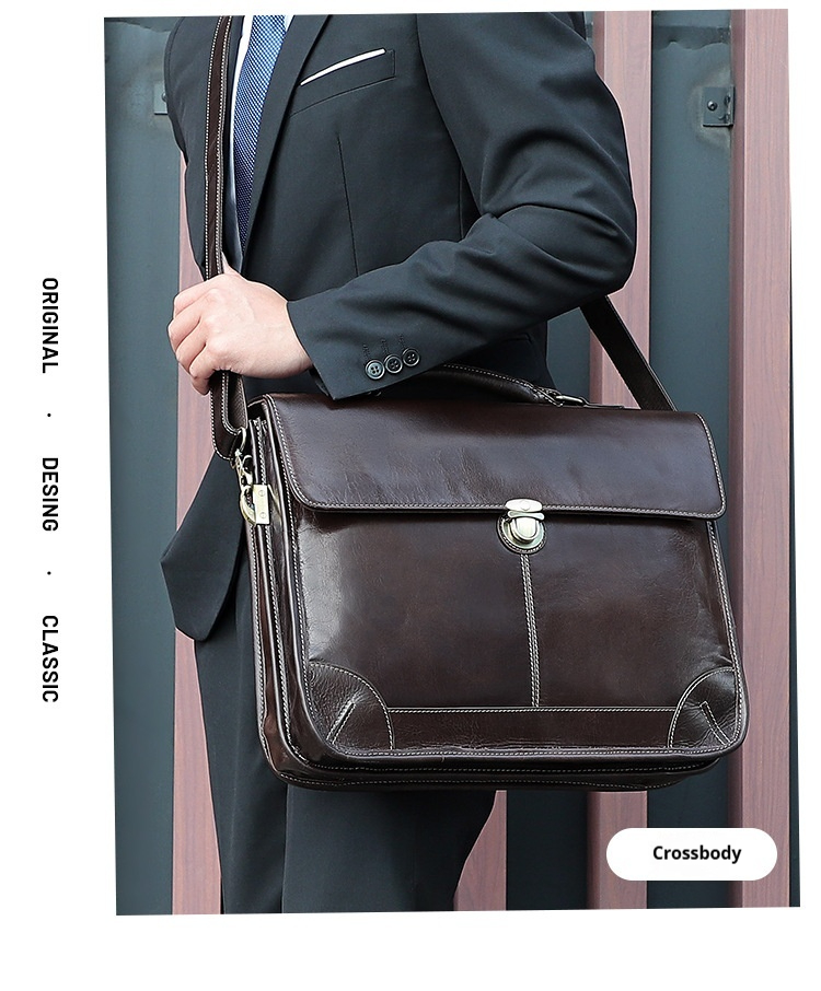Men Vintage Top Grain Cowhide Briefcase | 15.6 Inch Genuine Leather Laptop Shoulder Bag