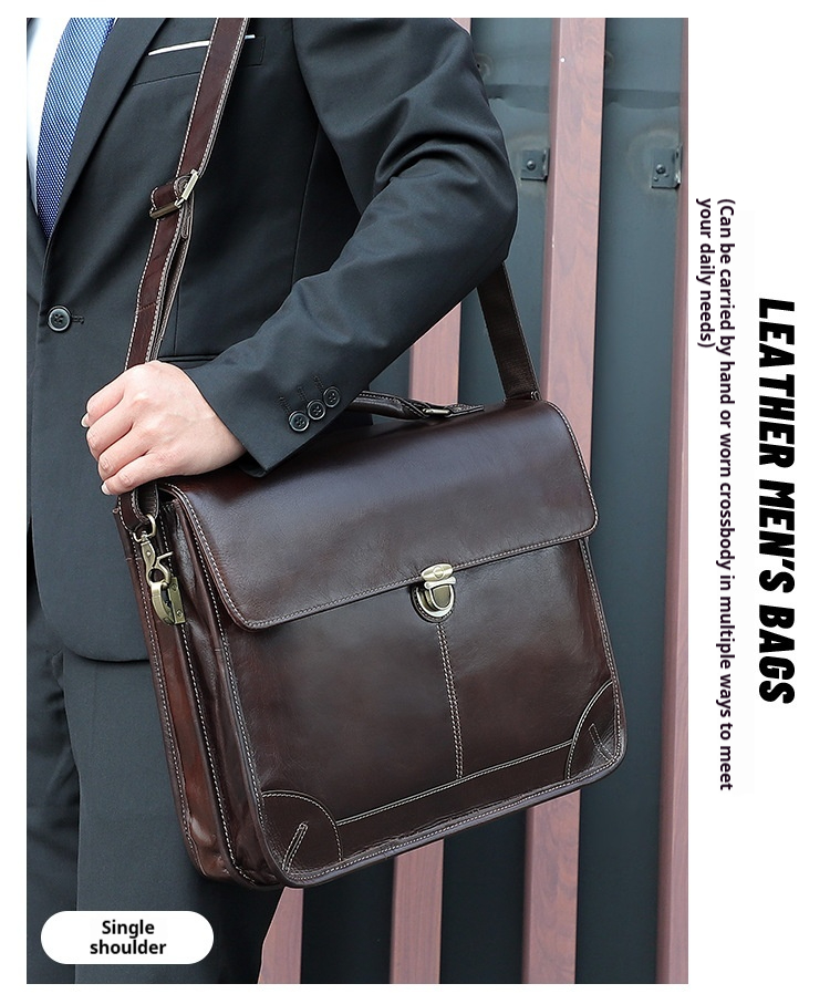 Men Vintage Top Grain Cowhide Briefcase | 15.6 Inch Genuine Leather Laptop Shoulder Bag